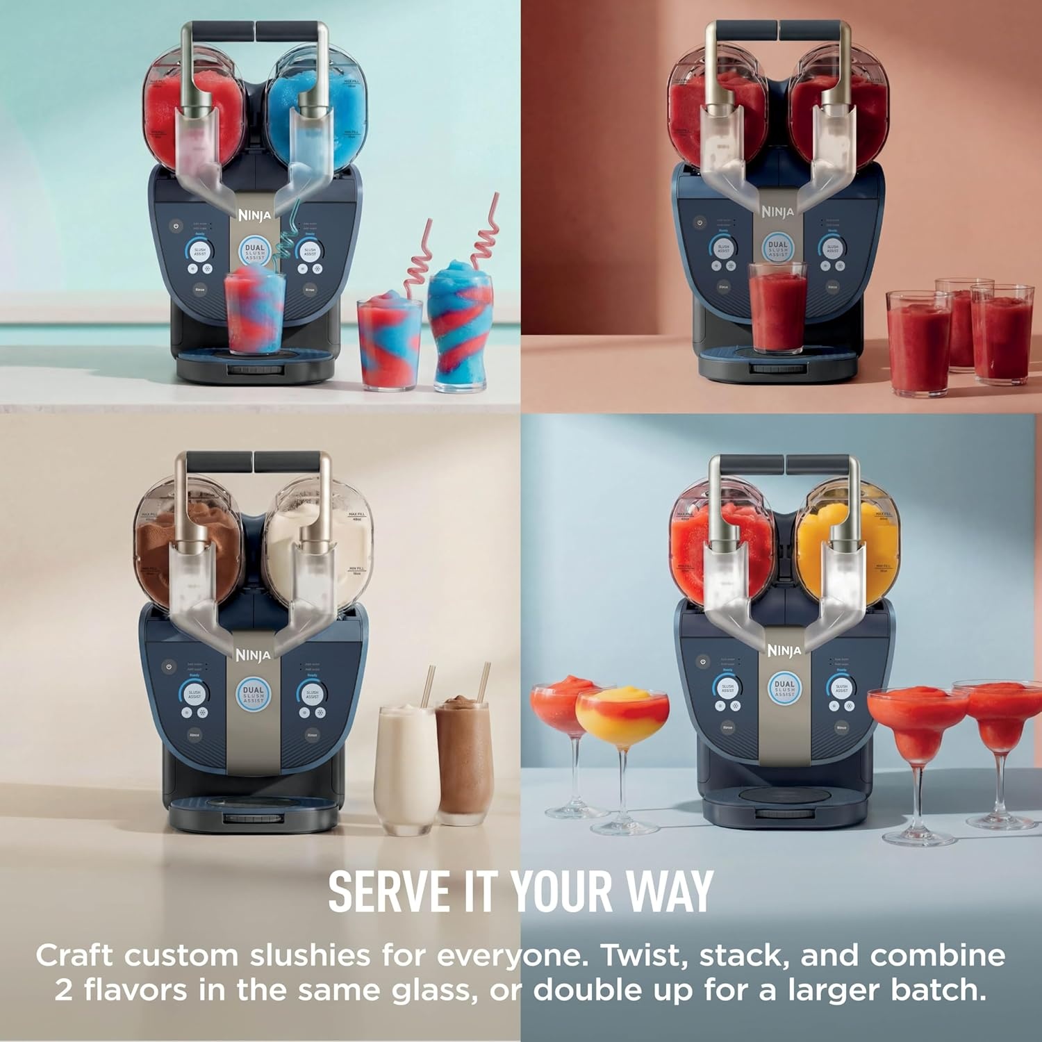 image:imageNinja SLUSHi Twist Smart Frozen Drink Maker with Dual SlushAssist Dual Barrel for 2 Flavors at Once 144 oz 14 Temperature Controls Frozen Cocktails Margaritas Slushies amp More Blue FS701BLSLUSHi Twist Dual