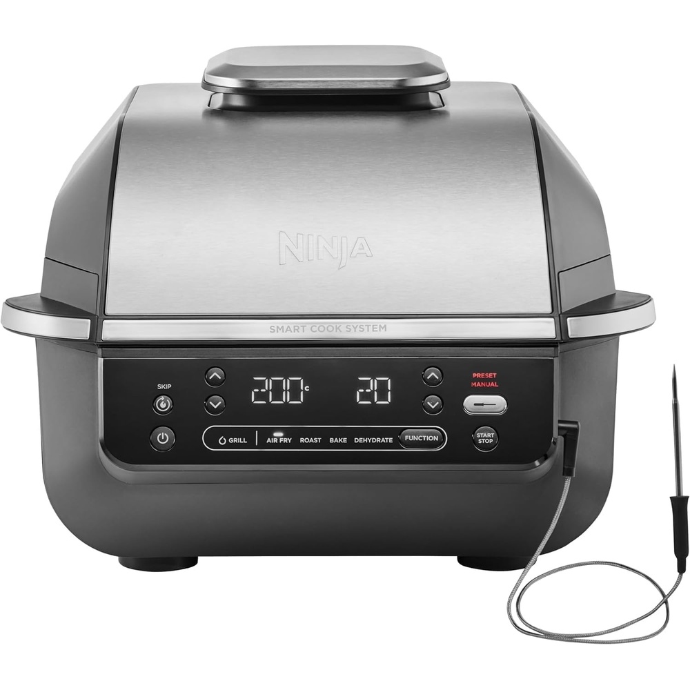 image:imageNinja 5in1 OilFree Indoor Grill amp Deep Fryer 5 Modes Cooks Up to 4 Burgers 57L Capacity Low Smoke Digital Meat Thermometer Included BlackSilver EG351EU