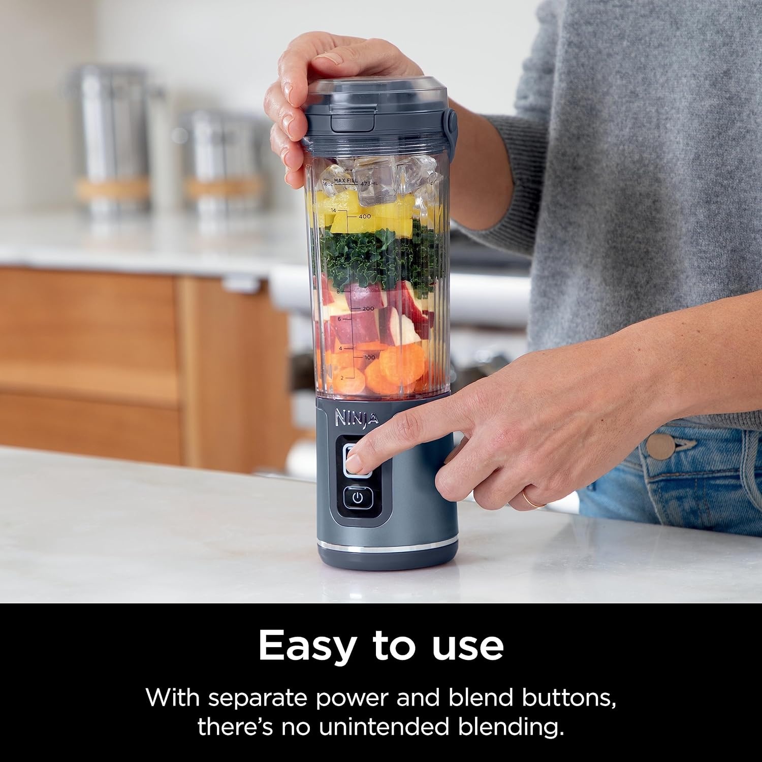 image:imageNinja BC151NV Blast Portable Blender Cordless 18oz Vessel Personal Blenderfor Shakes amp Smoothies BPA Free LeakproofLid amp Sip Spout USBC Rechargeable Dishwasher Safe Denim Blue Renewed