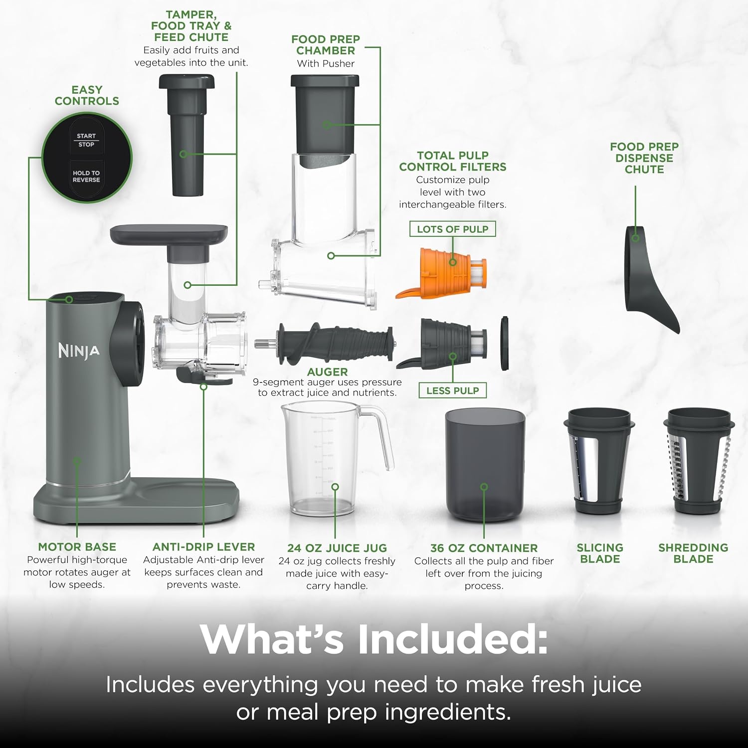 image:imageNinja NeverClog 3in1 Juicer Slicer amp Shredder 32oz Vessel JC152CharcoalShredder
