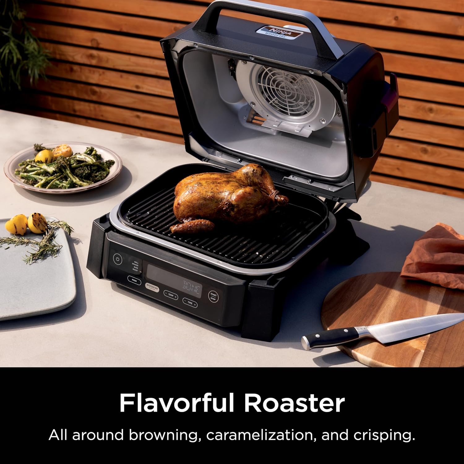 image:imageNinja Woodfire Outdoor Grill amp Smoker 4in1 Functionality Grill Smoke Bake Roast Authentic Woodfire Flavors Electric Heat OG301 Renewed4in1 Grill Smoker