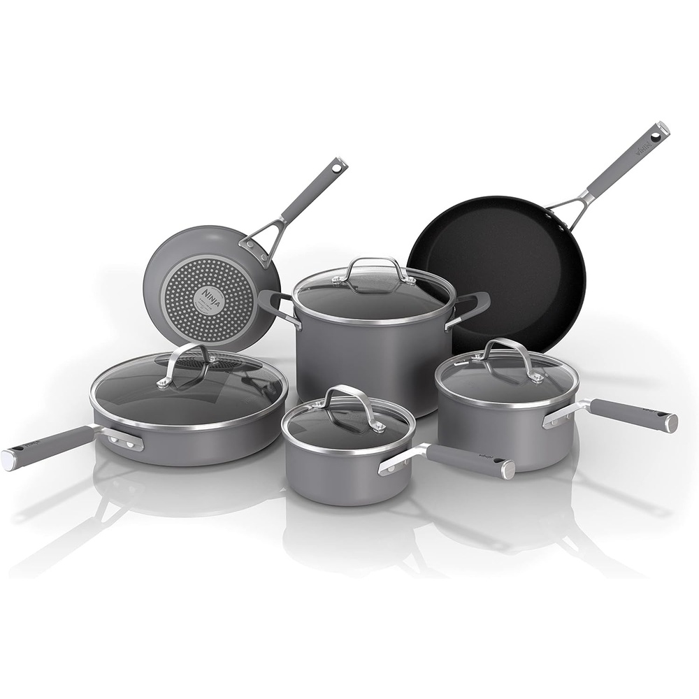 image:imageNinja CW60020 NeverStick Comfort Grip 8 Fry Pan Nonstick Durable Scratch Resistant Dishwasher Safe Oven Safe to 400F Silicone Handles Grey10 Piece Set