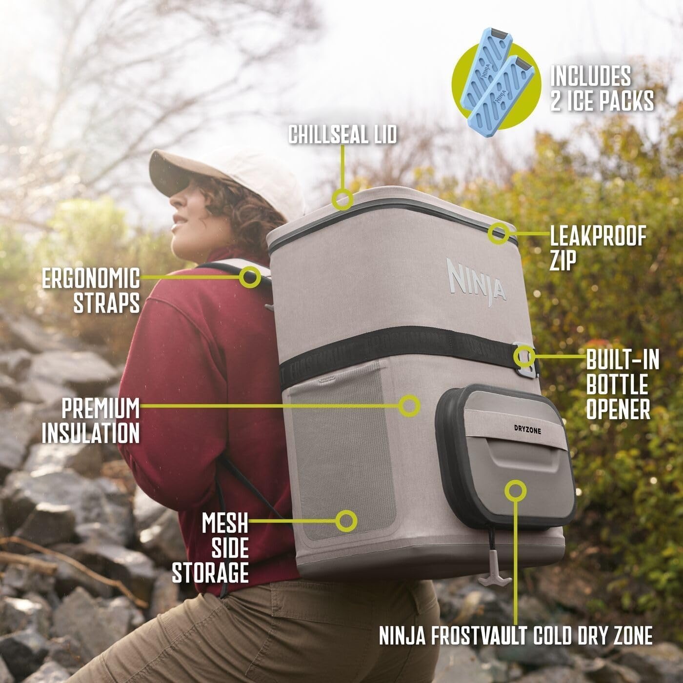image:imageNinja FrostVault Go Outdoor Flexible 23L Cooler Backpack for 36 Cans with Cold Dry Zone 2 Ice Packs for Hiking Camping Sand Beige FF136EUUKCS
