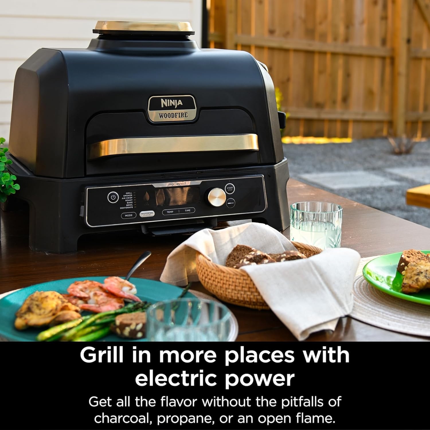 image:imageNinja Woodfire Pro Connect XL Outdoor Grill amp Smoker Bluetooth App Enabled 7in1 Grill BBQ Smoker Outdoor Air Fryer Woodfire Technology BuiltIn Thermometer Green amp Gold OG951GN2Blue Gold