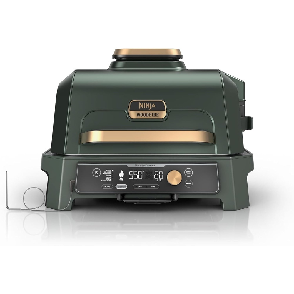 image:imageNinja Woodfire Pro Connect XL Outdoor Grill amp Smoker Bluetooth App Enabled 7in1 Grill BBQ Smoker Outdoor Air Fryer Woodfire Technology BuiltIn Thermometer Green amp Gold OG951GN2Green Gold