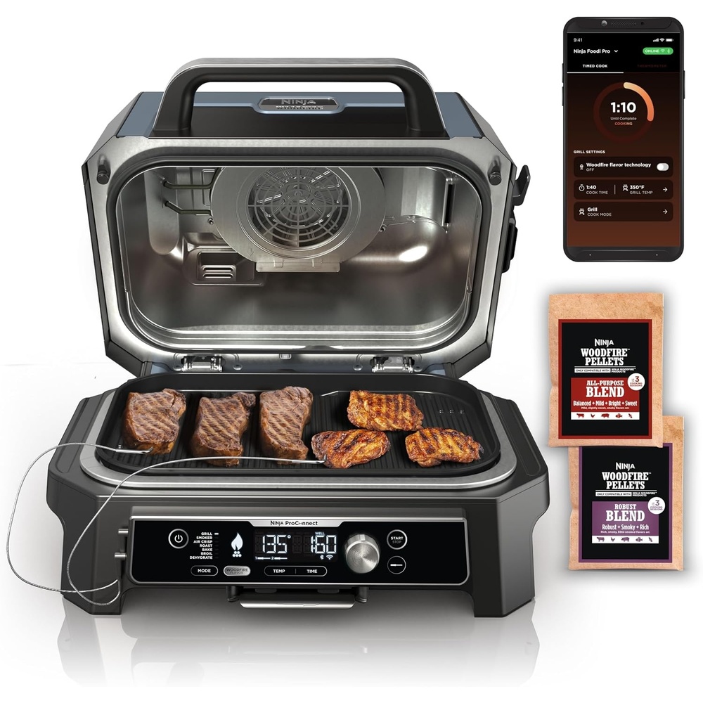 image:imageNinja Woodfire Pro Connect XL Outdoor Grill amp Smoker  Bluetooth App Enabled  7in1 Grill BBQ Smoker Outdoor Air Fryer  Woodfire Technology  BuiltIn Thermometer  Green amp Gold  OG951GN2Black  Blue
