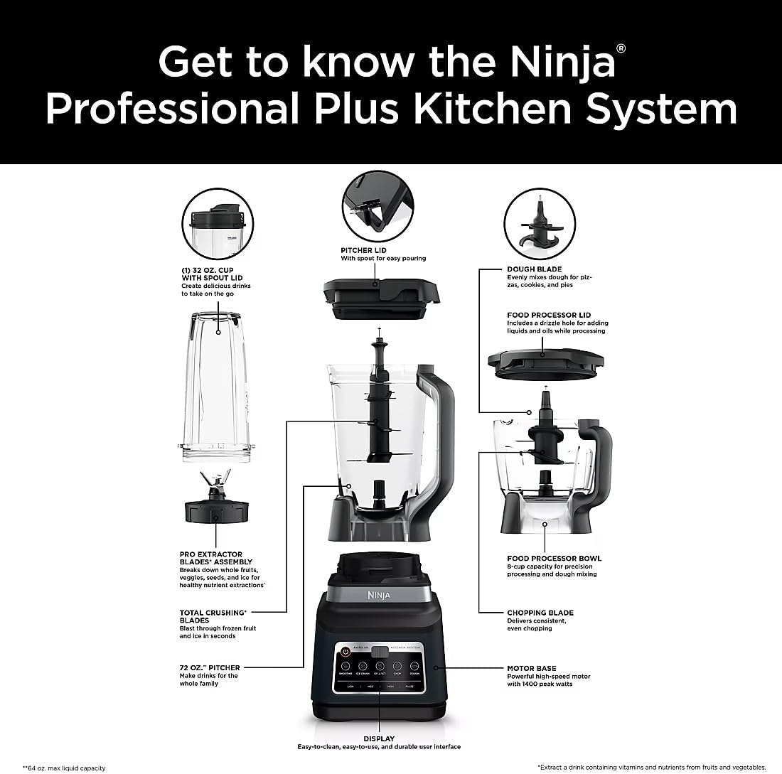 image:imageNinja BN805A Pro Plus Kitchen System 1400W 5in1 Smoothies Chop Dough Auto IQ 72oz Blender Pitcher 64oz Processor Bowl 2x32oz Cups Black