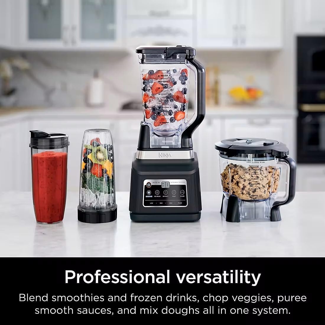 image:imageNinja BN805A Pro Plus Kitchen System 1400W 5in1 Smoothies Chop Dough Auto IQ 72oz Blender Pitcher 64oz Processor Bowl 2x32oz Cups Black Renewed