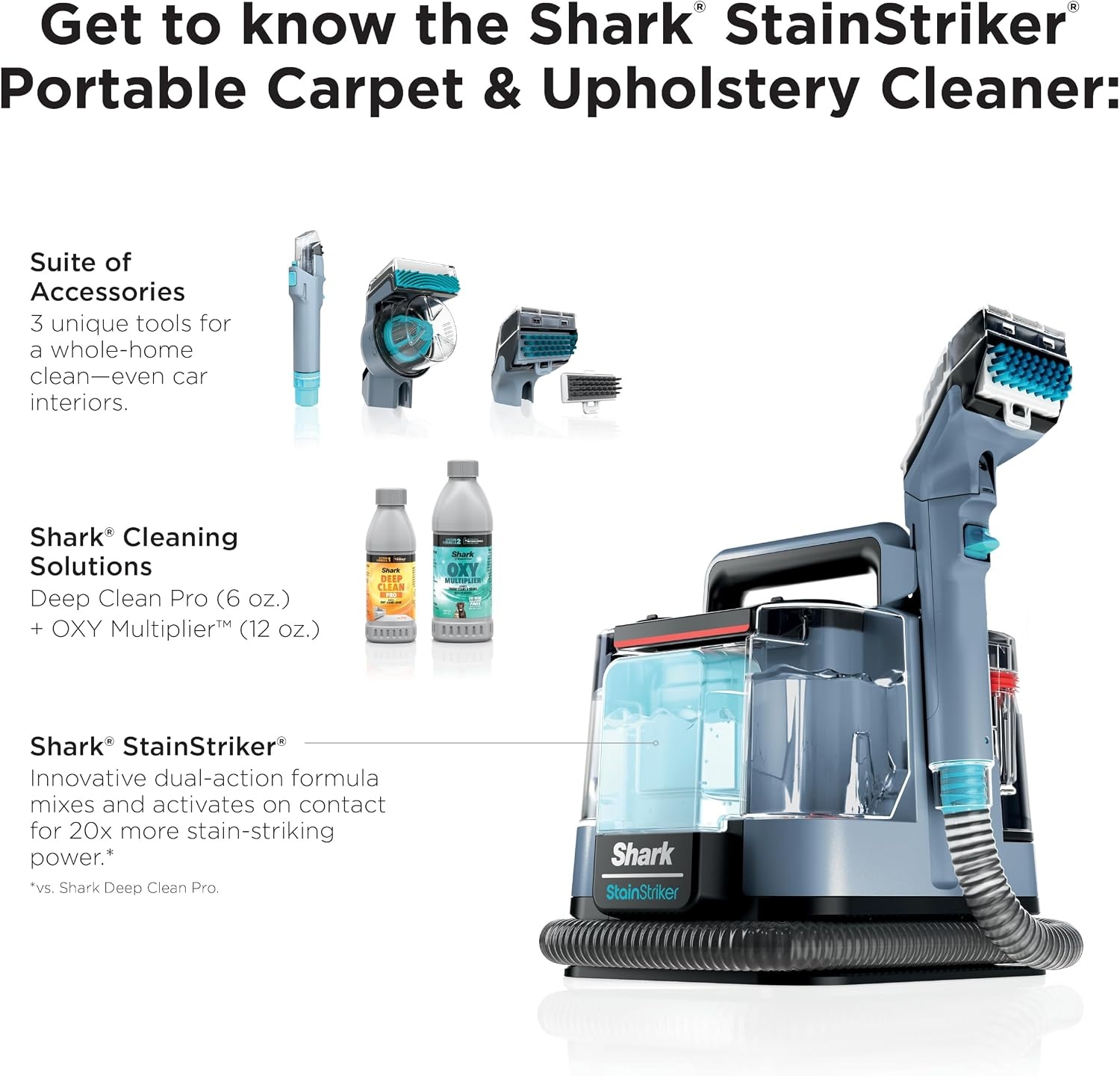 image:imageShark StainStriker Portable CarpetUpholstery Cleaner 4 Tools PX202BRNStainStriker 3 Tools XL Cleaning Solutions