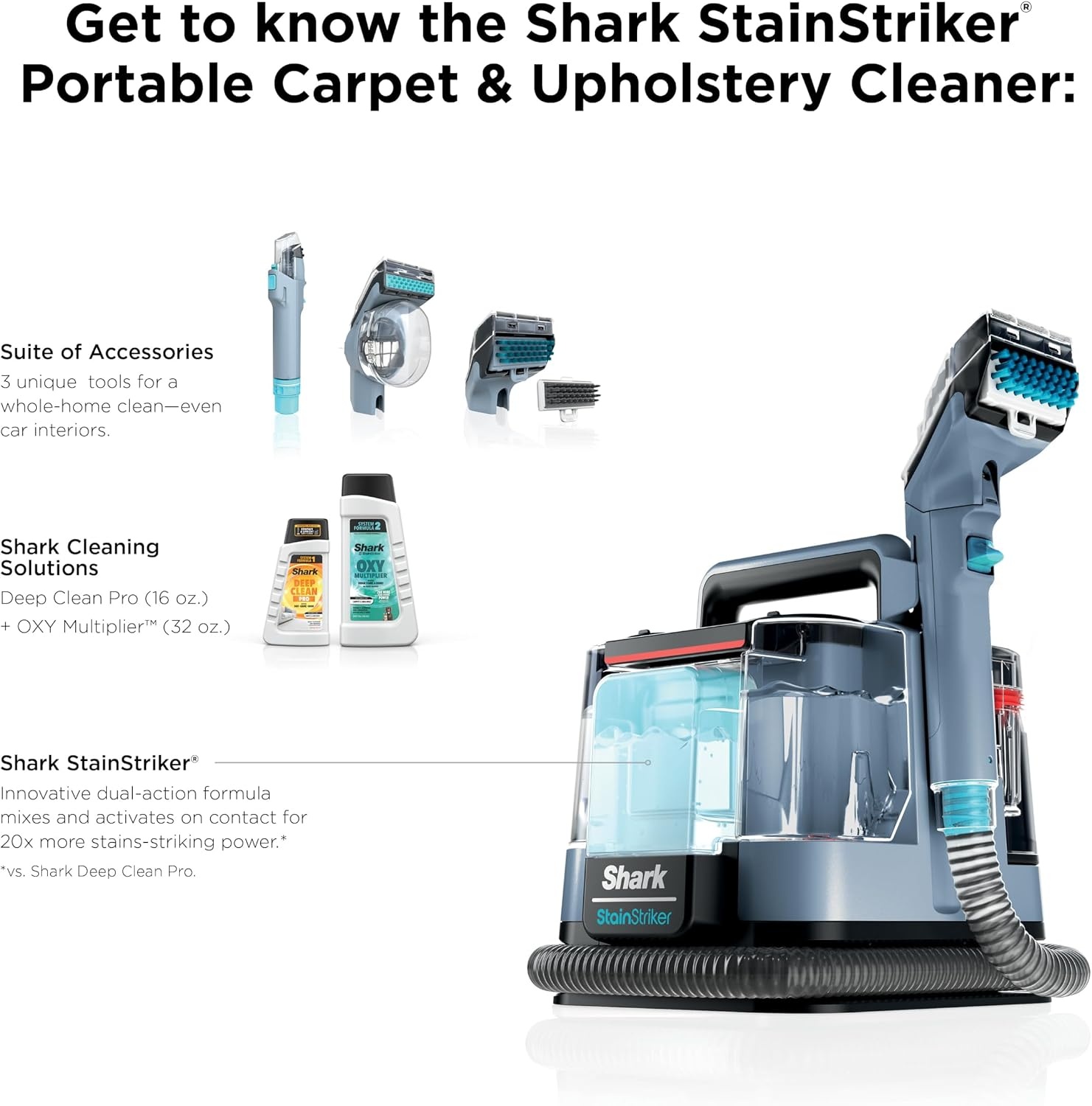 image:imageShark StainStriker Portable CarpetUpholstery Cleaner 4 Tools PX202BRNStainStriker 4 Tools XL Cleaning Solutions